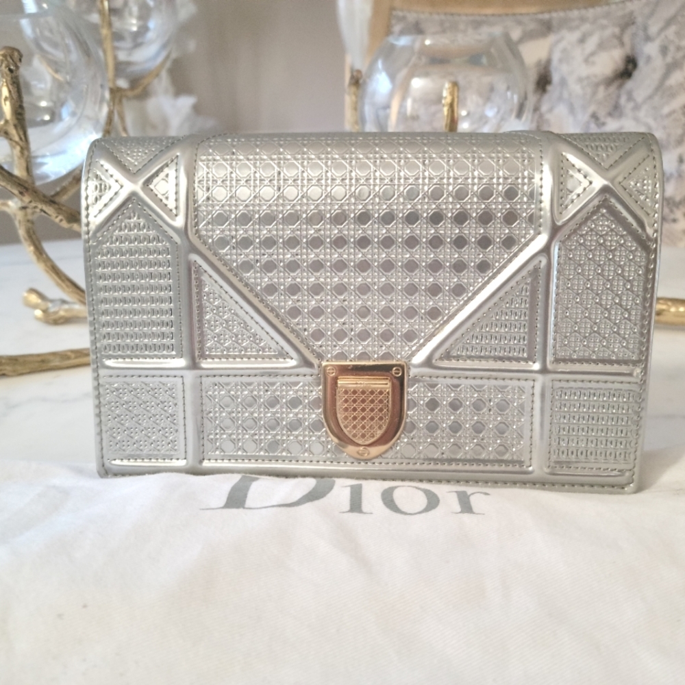 Authentic Christian Dior metallic silver patent micro cannage handbag